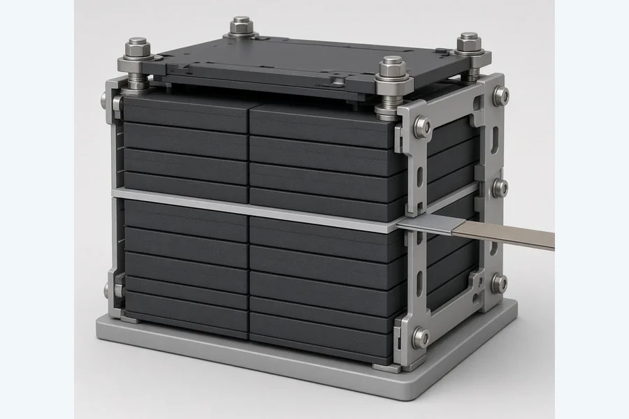 Neutral illustration of a battery stack held in a compression fixture with a thin sensor tail at the interface
